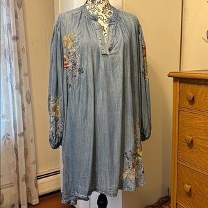 Anthropologie Karyn Seo Floral Embroidered Denim Mini Dress Size Large